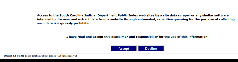 a screen capture of a portion of the SC judicial department's public index system that says data scraping is prohibited