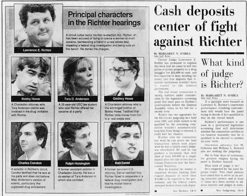 A clipping from a newspaper  article with the title Cash deposits center of fight against Richter