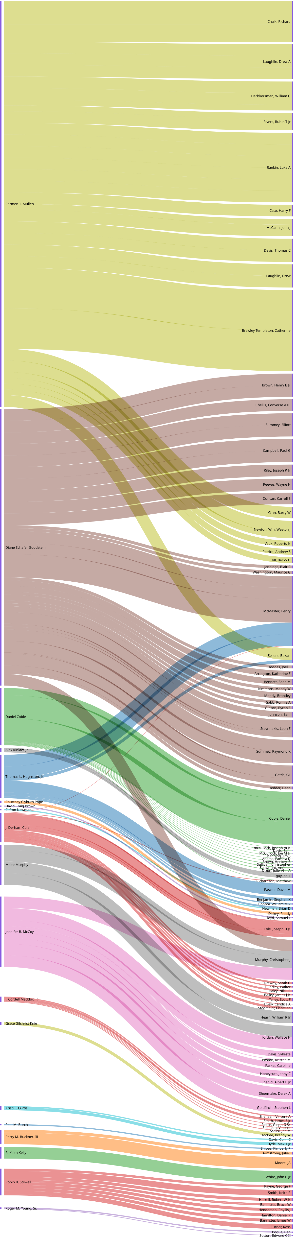 This is a Sankey diagram and it shows the flow of money from judges to candidates. The larger the flow the more money a judge contributed to a candidate